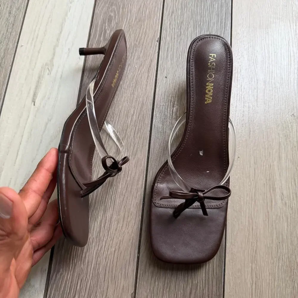 Fashion Nova Clear Strap Bow Heel Sandals Brown Women’s Size 10